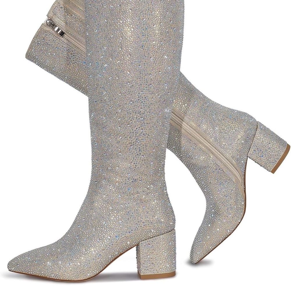 Sparkly Boots for Women, Rhinestone Knee High Boots Pointed